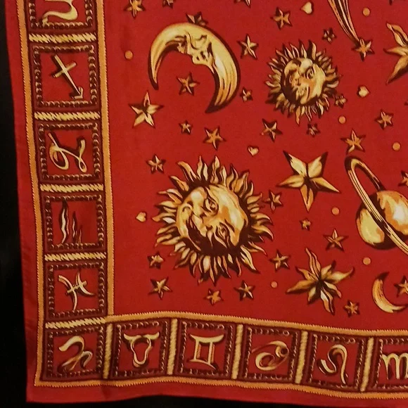 Gianni Versace Red Zodiac 100% Silk Scarf Not Signed (Design By Brand) Appr. 34" - Picture 3 of 7